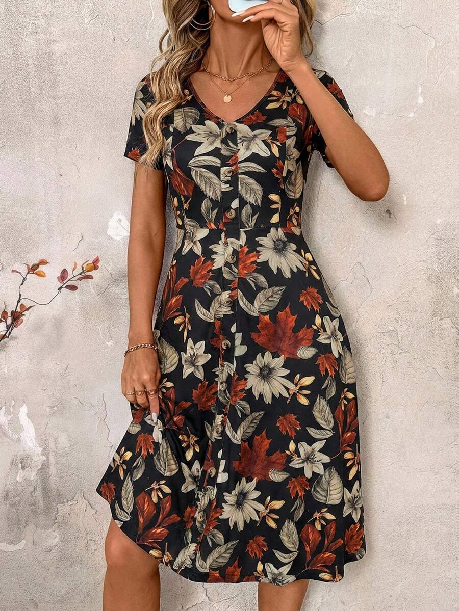 SHEIN Clasi V领纽扣红色波点收腰女式连衣裙，春季服装，情人节连衣裙，春夏遮肚碎花连衣裙，优雅女式连衣裙