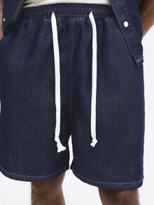 SUMWON Oversized Denim Button Down Short Sleeve Shirt And Matching Elastic Waist Shorts Co-Ord Set With Contrast Stitching - Dark Wash - View 7