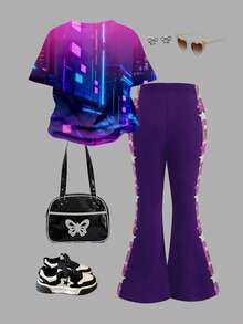 SHEIN 2pcs/Set Young Girl Casual Cartoon Pattern Round Neck Short Sleeve Top And Flare Pants Set, Suitable For Summer