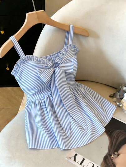 Elenzga Top sin mangas casual para mujer, diseño de moda con tirantes de lazo, nudo de moño, a rayas azul y blanco, cintura ceñida, sexy y favorecedor, versátil para uso diario y citas, verano