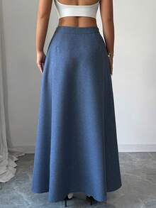 Elenzga 优雅复古风高腰喇叭裙，蓝色亚麻质感面料，金属扣装饰，舒适百搭，适合日常穿着 - 藍色 - 查看 2