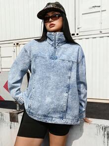 SHEIN Unity Plus Size Women Y2K Fashion Casual Washed Denim Jacket - Light Wash - View 6