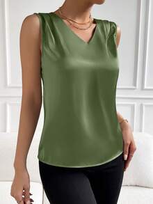 EMERY ROSE Casual Solid Color Sleeveless Shirt, Summer - Army Green - View 4