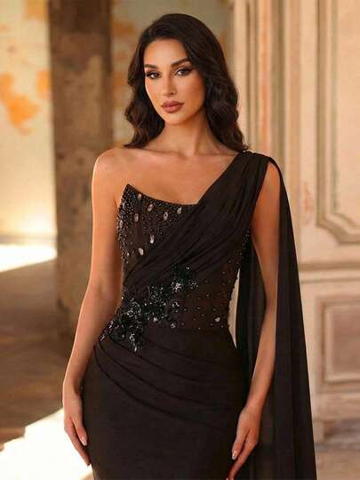 Aureia Elegant, Romantic, Fashionable Coffee-Colored Stretch Fabric Dress With Rhinestone Decor, Pleated Detailing, Flared Sleeves, Suitable For Holidays, Vacations, Birthday Parties, Weddings, And Formal Occasions