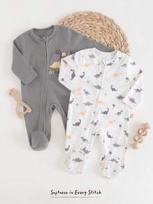 Cozy Pixies 新生儿男女宝宝卡通恐龙图案针织柔软圆领长袖连体衣和裤子两件套 - 彩色 - 查看 3