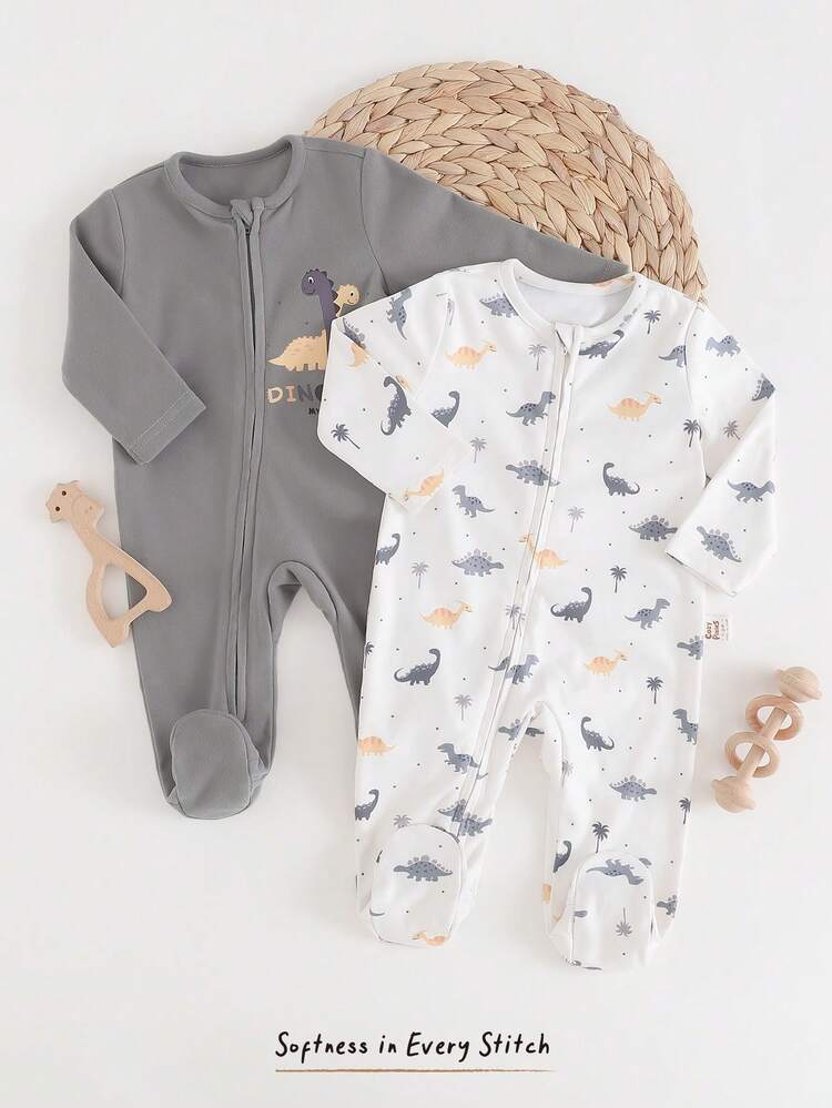 Cozy Pixies Conjunto de 2 piezas de pijama de bebé recién nacido niño/niña con diseño de dinosaurio de punto suave, cuello redondo y manga larga, con cremallera, de fibra de bambú, ropa de dormir unisex para bebés recién nacidos, cómoda para pixies de niños - Multicolor - Añade 3