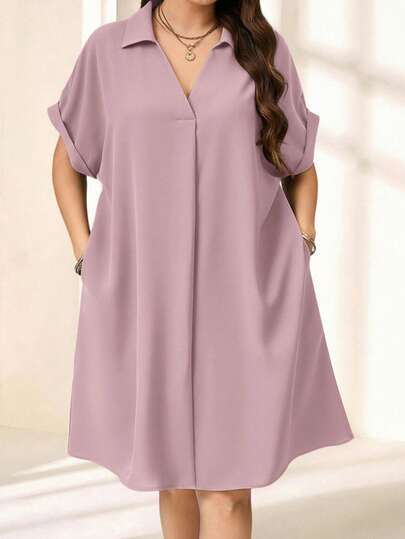 EMERY ROSE Plus Size Solid Color Collared Short Sleeve Casual Mini Dress, Minimalist Style,Summer Outfits For Women, Summer Dresses