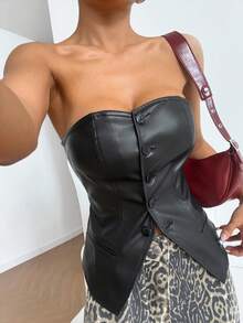 SHEIN EZwear 1 pieza Camiseta de tirantes corta de verano de mujer con PU y un solo botón - Negro - Ver 4