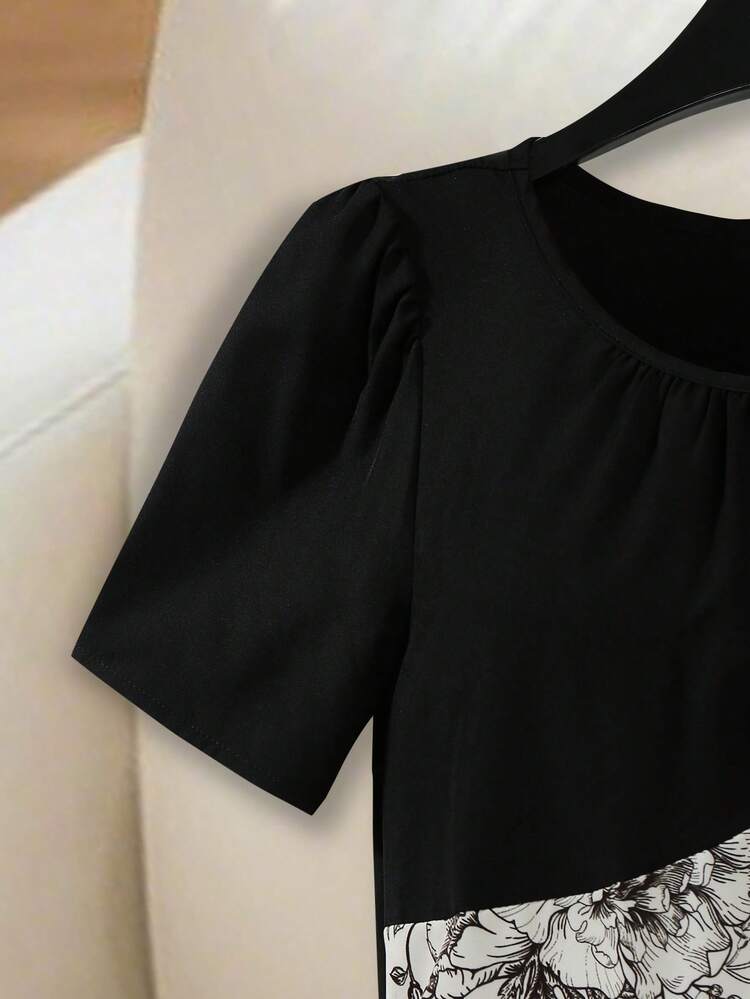 SHEIN Franclia エレガントなラウンドネック パフスリーブ 半袖 ウエスト ゴム入り フローラルプリントワンピース、春夏秋冬着用可能、エレガントなレディースカジュアルドレス、レジャー、バケーション、通勤に適しています - マルチカラー - 見る 4