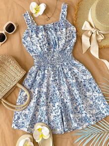 女童碎花连体裤，修身腰部设计，荷叶边下摆，休闲度假装，春夏款 - 淺藍色 - 查看 1