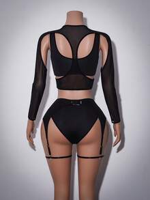 Classic Fashionable Punk Semi-Sheer Milk Silk Cropped Camisole Top + Thong Panty + Hollow-Out Long Sleeve Mesh Blouse + Garter Belt + 2pcs Leg Garters, 6pcs Sexy Lingerie Set For Women - Black - View 7
