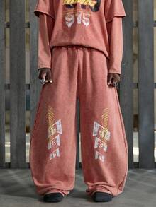 NEON BLANC Men's Casual Loose Sweatpants, Red Silkscreen Printing, Spring/Autumn - Red - View 2