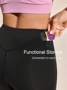 Exploreva Women's Outdoor Sports Reflective Stripe Pocket Zipper Black Yoga Leggings - Black - View 3