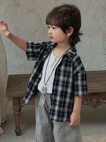 DAZY Young Boy Casual Loose Fit Graphic Print Drop Shoulder Shirt, Suitable For Daily Wear And Commuting, Summer Spring - Black - View 8