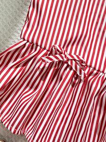 Genkimix Kids 2件套女童（小号）红白条纹无袖纽扣上衣配蝴蝶结和直筒裤，时尚休闲夏季少女套装 - 紅色 - 查看 8
