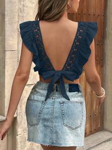SHEIN Frenchy Women's Casual Solid Color Patchwork Lace Ruffle Hem Cropped Shirt, Summer,Summer Top - Blue - View 5