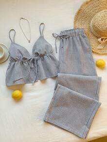 SHEIN Comfortcana 女士两件套编织条纹休闲度假套装，春夏款 - 藏蓝色 - 查看 6
