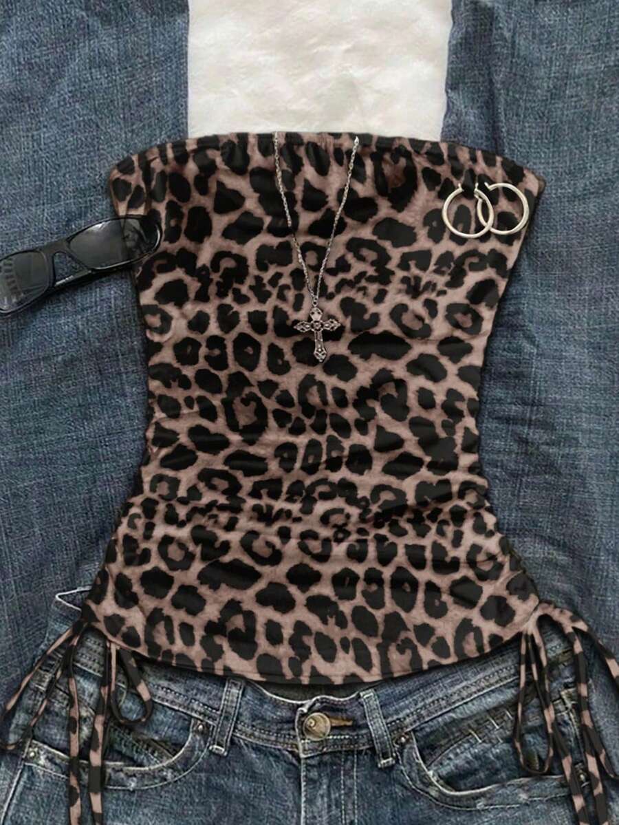 SHEIN 少女豹纹褶皱抽绳蝴蝶结装饰修身抹胸 - 彩色 - 查看 1