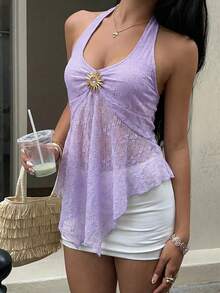女士紫色网纱蕾丝吊带背心，春夏款 - 紫色 - 查看 4
