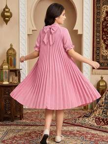 Tween Girl Spring/Summer Casual Vacation Commute Elegant Pleated Full Skirt Raglan Sleeve Back Large Bow Decor Short Sleeve Woven Solid Color Dress Pink Tween Girl - Pink - View 4