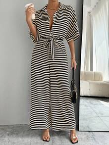SHEIN LUNE Bộ áo liền quần nữ tay cánh dơi buộc dây in họa tiết sọc - Nhiều màu - Xem 3