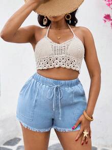 Slaydiva Quần short denim ôm sát, cạp chun, cỡ lớn, màu xanh dương - Rửa nhẹ - Xem 1