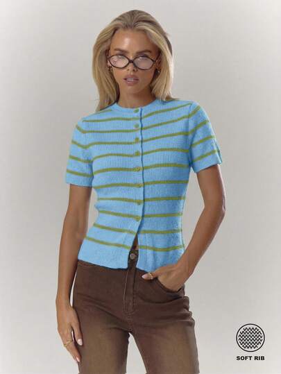 MUSERA Striped Rib Knit Button Through Fitted Short Sleeve Top Cosy Cute Casual Coffee Club Winter Elegant Evening Party