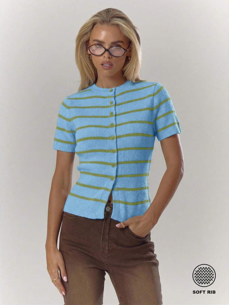 MUSERA Randig Ribstickad Knapp Genomknäppt Kortärmad Topp Mysig Söt Casual Kaffe Klubb Vinter Elegant Kvällsfest - Blå - Visa 1