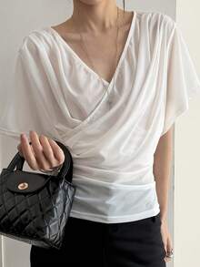 DAZY Women's Solid Color V-Neck Overlap Casual Versatile Commute Short Sleeve T-Shirt Summer - White - View 1