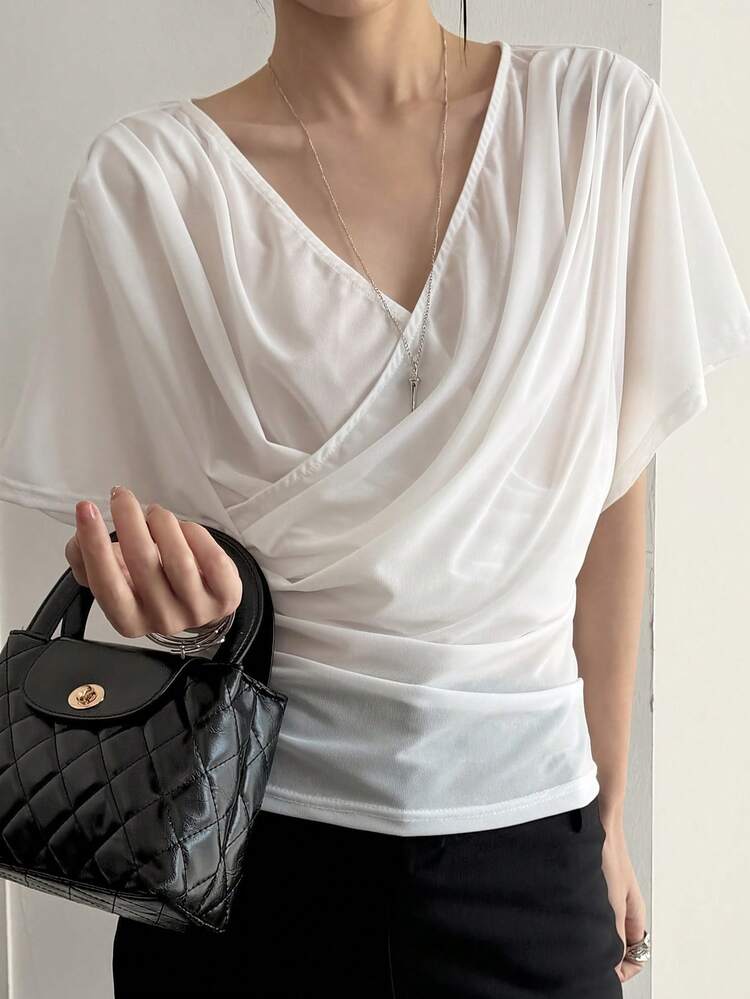 Women's Solid Color V-Neck Overlap Casual Versatile Commute Short Sleeve T-Shirt Summer