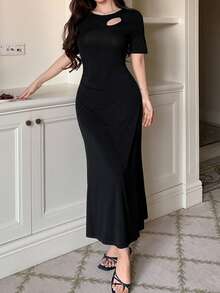 DAZY Minimalist Cutout Shoulder Cinched Waist Long Dress Loungewear For Women - Black - View 1