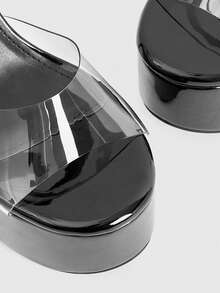 CUCCOO LuxiPop 女鞋透明玻璃胶细跟高跟防水厚底鞋女式蓝色凉鞋夜店风性感时尚装 - 純黑 - 查看 6