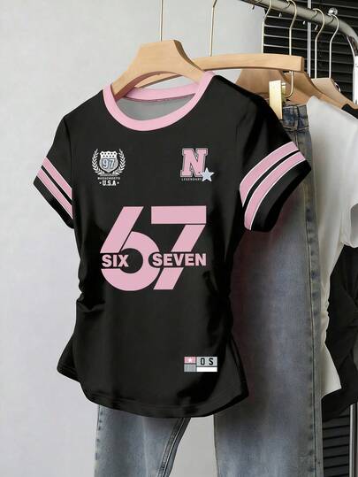 Tween Girls Black & Pink Contrast 67 Digital Print Cinched Waist T-Shirt, Casual Versatile Top