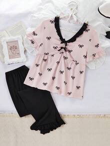 女童睡衣，粉色蝴蝶结优雅设计，柔软舒适的牛奶丝面料，黑色长裤两件套睡衣套装 - 彩色 - 查看 7