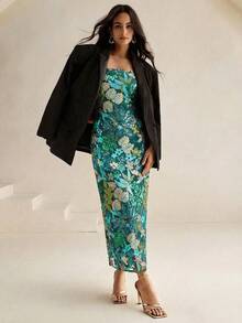 Anewsta Vestido maxi elegante de mujer con estampado colorido y cuentas, sin tirantes, de longitud media - Verde - Ver 3