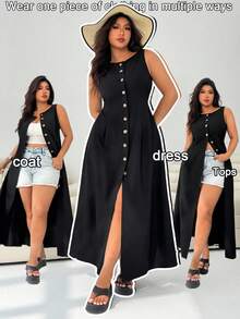 Solflare 夏季大码纯色前扣无袖休闲连衣裙 - 黑色 - 查看 3