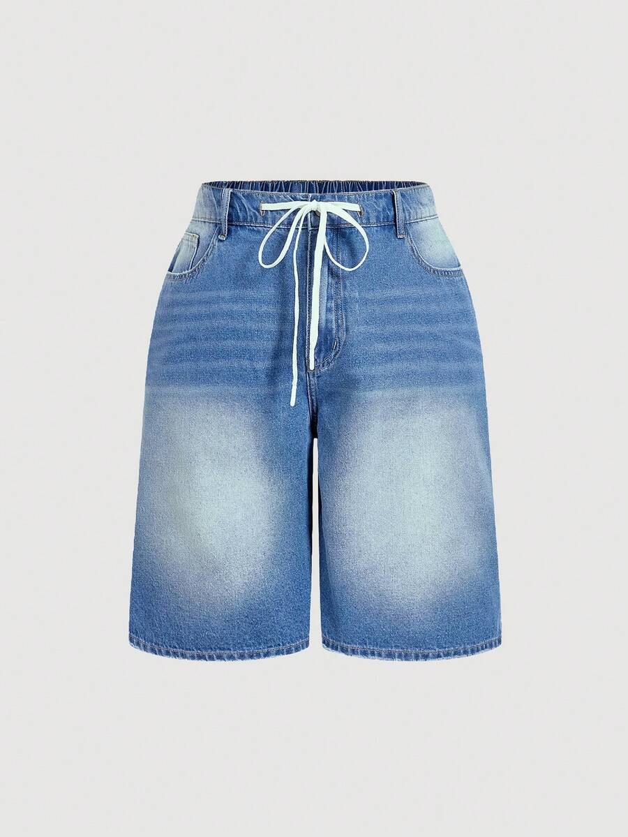 Sweetra Shorts vaqueros de pierna ancha con cordón para tallas grandes - Lavado ligero - Ver 1