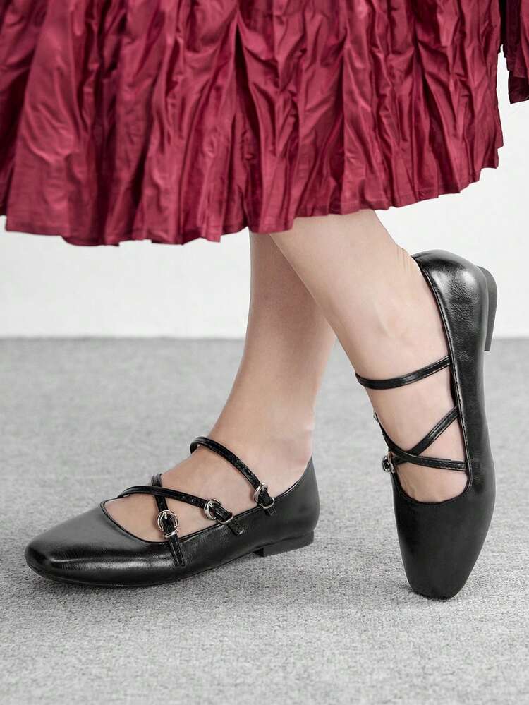 CUCCOO BIZCHIC Women's Square Toe Criss-Cross Strap Design Flat Loafers Spring Shoes