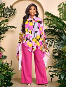 Brilight Bộ đồ hai mảnh dành cho nữ: Áo choàng in họa tiết châu Phi, vạt trước ngắn vạt sau bất đối xứng và quần ống rộng màu hồng đậm. - Màu Hồng Tươi - Xem 8