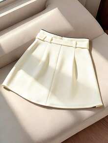 GlowEve Spring/Summer New Fashionable Casual Elegant Party Women's Outdoor Commute Office Side Slit A-Line Mini Skirt - Apricot - View 2