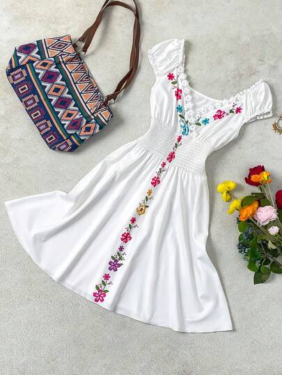 EMERY ROSE Women's New Vacation Bohemian Style Casual Fashion Shirred Placement Print Waist Ruffle Trim A-Line Short Dress, Suitable For Commuting, New Year, Street Style, French Romantic, Casual, Middle Eastern Retro, Afternoon Tea, Party, Thanksgiving, Back To School, Spring/Summer