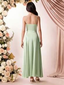 Pitira 儿童青少年女孩绿色缎面不对称下摆收腰吊带连衣裙，优雅适合派对、约会、重要家庭聚会，适合各种场合，例如返校、校园风、派对、通勤、购物，也适合婚礼、生日派对、舞会和伴娘活动、正式晚礼服、毕业典礼、宴会婚礼宾客礼服、女士伴娘礼服、鼠尾草绿正式礼服、优雅绿色连衣裙、不对称连衣裙、舞会礼服、优雅派对礼服、鼠尾草绿伴娘礼服 - 綠色 - 查看 2