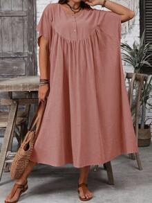 EMERY ROSE Plus Size Women Solid Color Round Neck Pleated Casual Loose Party & Daily Wear Dress - Redwood - View 4
