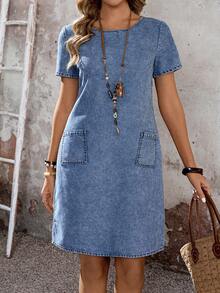 EMERY ROSE Women's Solid Color Pocket Round Neck Casual Versatile Short Sleeve Denim Dress Beach - Blue - View 2