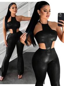 SHEIN SXY Sexy Burgundy Hollow-Out Bodycon Jumpsuit - Black - View 6