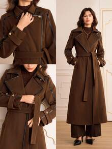 Lilora 女士翻领长袖系带优雅通勤长款外套棕色风衣女士风衣外套女士长款棕色外套冬季女士优雅长款羊毛和PU拼接外套，非常适合圣诞节。 - 棕色 - 查看 2