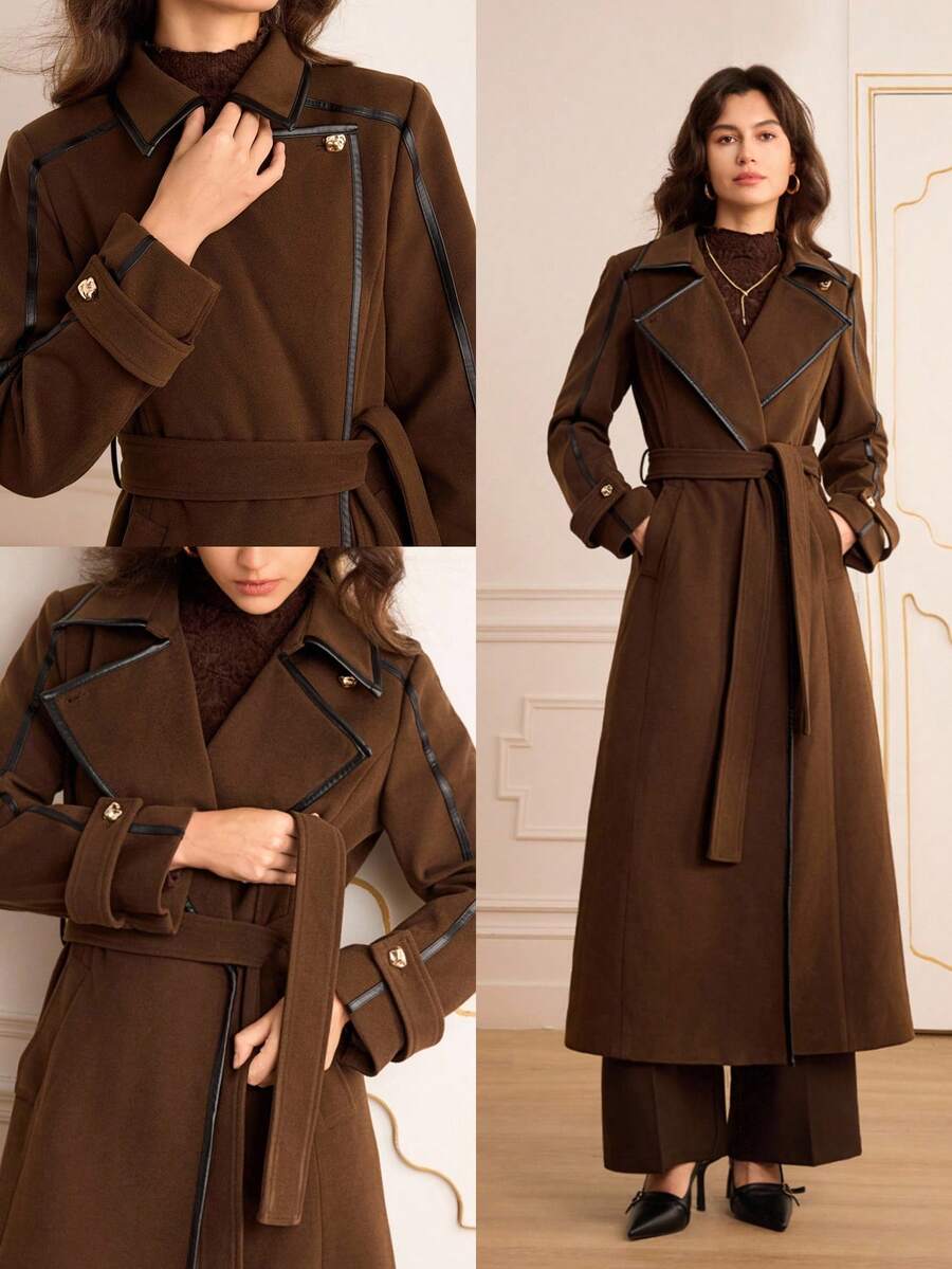 Lilora 女士翻领长袖系带优雅通勤长款外套棕色风衣女士风衣外套女士长款棕色外套冬季女士优雅长款羊毛和PU拼接外套，非常适合圣诞节。