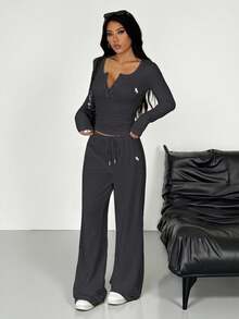 SHEIN EZwear 女士针织长袖上衣和裤子休闲套装（2件套） - 深灰色 - 查看 4