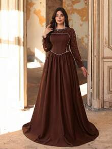 Aureia Plus Size Elegant & Dark Brown Spring Round Neck Crystal & Pearl Embellished A-Line Dress,Formal Party Wedding Evening Gown,Formal Occasion - Brown - View 7
