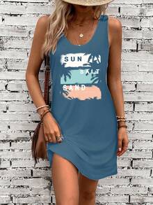 SHEIN LUNE 阳光、日落、沙滩、棕榈树图案圆领无袖休闲连衣裙，适合夏季穿着 - 霧霾藍 - 查看 6